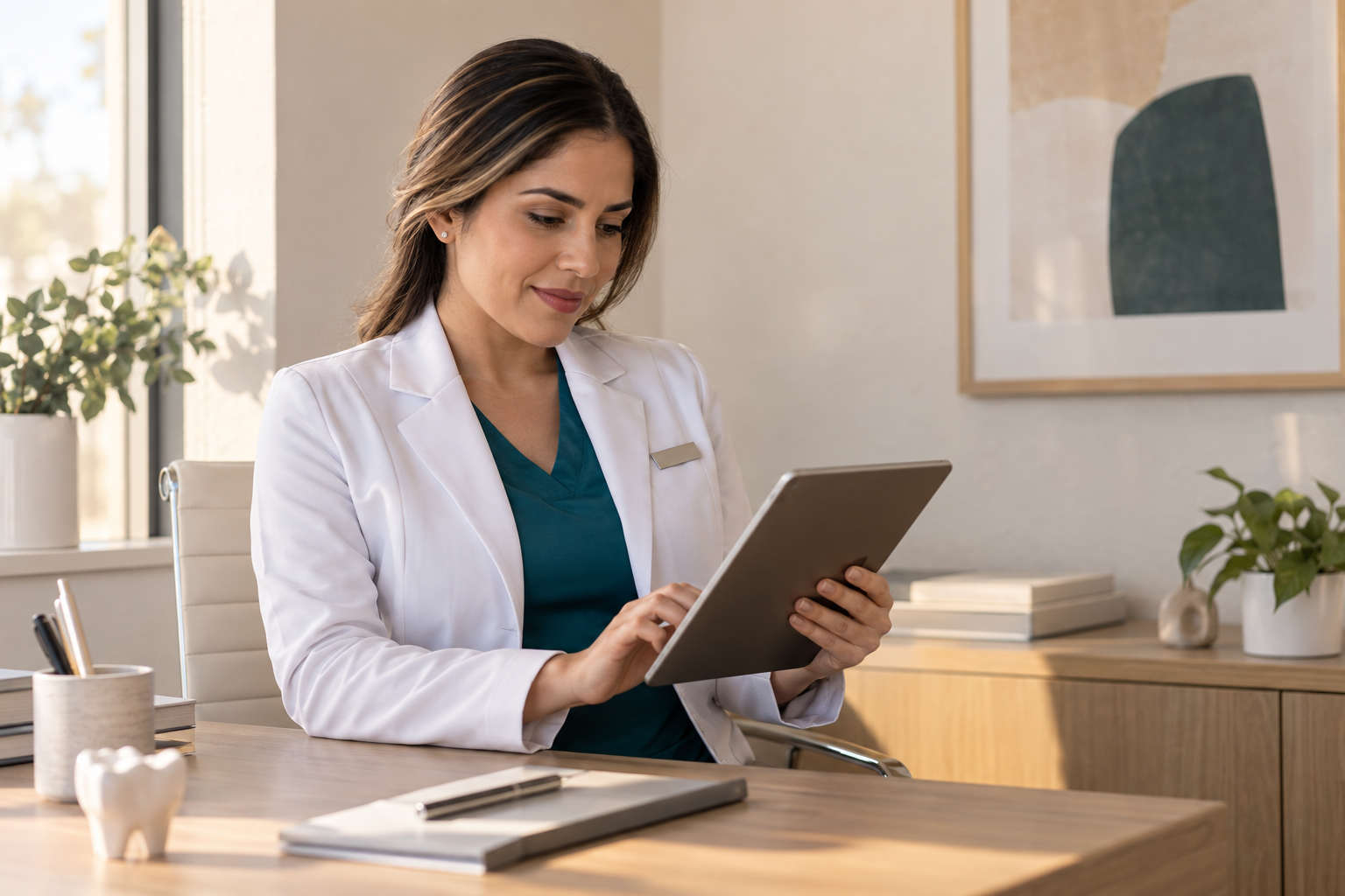 Doctora revisando información clínica en una tablet